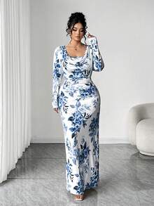 Elenzga Plus Size Women's New Ruffle Collar Short Bodycon Dress, Ditsy Floral With Tie Waist, Yellow & White - Blue - View 6