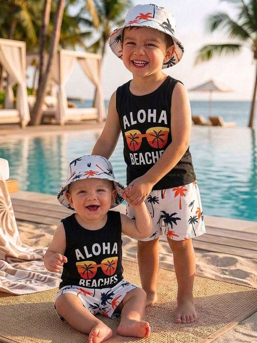 SHEIN 男童三件套夏季沙滩套装 | 男女童夏威夷风白色无袖背心 + “夏日时光”蓝色棕榈树印花短裤 + 配套遮阳帽 | 沙滩度假泳装罩衫 | 水上游戏服 | 4-7岁户外套装 | 家庭沙滩旅行休闲短裤帽子套装 | 清凉夏日装扮 - 彩色 - 查看 1