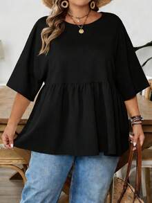 SHEIN CURVE+ 大码女式休闲宽松舒适日常短袖黑色衬衫，户外上衣，修身可爱上衣，工作服，女士衬衫 - 黑色 - 查看 3