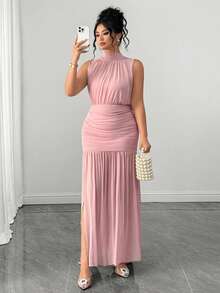 Elenzga 大码紧身网纱披肩领褶皱无袖连衣裙 - 粉色 - 查看 1