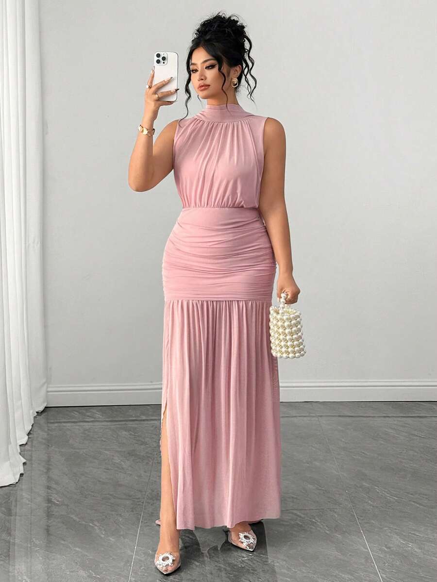 Elenzga 大码紧身网纱披肩领褶皱无袖连衣裙 - 粉色 - 查看 1