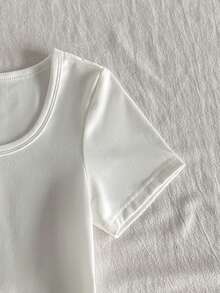 Camiseta de manga corta casual de cuello de barco de unicolor para niñas preadolescentes - Blanco - Ver 4