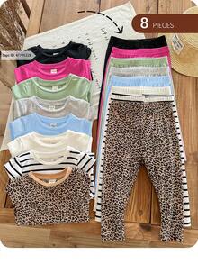 SHEIN Babygirl Casual Versatile Knit Elastic Waist Striped & Leopard Print Pants (Sold Separately From Top) - Multicolor - View 4