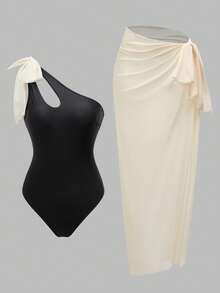 Swim Oasis Traje de baño de una pieza con hombro asimétrico y falda, estilo casual y de bloques de color para mujer - Negro - Ver 7