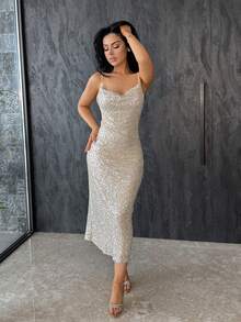 Vassilux Women's Sequin Spaghetti Strap Adjustable Backless Draped Neck Ruched Waist Midi Dress, Elegant French Retro Chic Minimalist Versatile Vintage Style, Suitable For Winter, Halloween, Christmas, Thanksgiving, Afternoon Tea Party, Semi-Formal Occasions, Sexy Party, Autumn/Winter - Champagne - View 5
