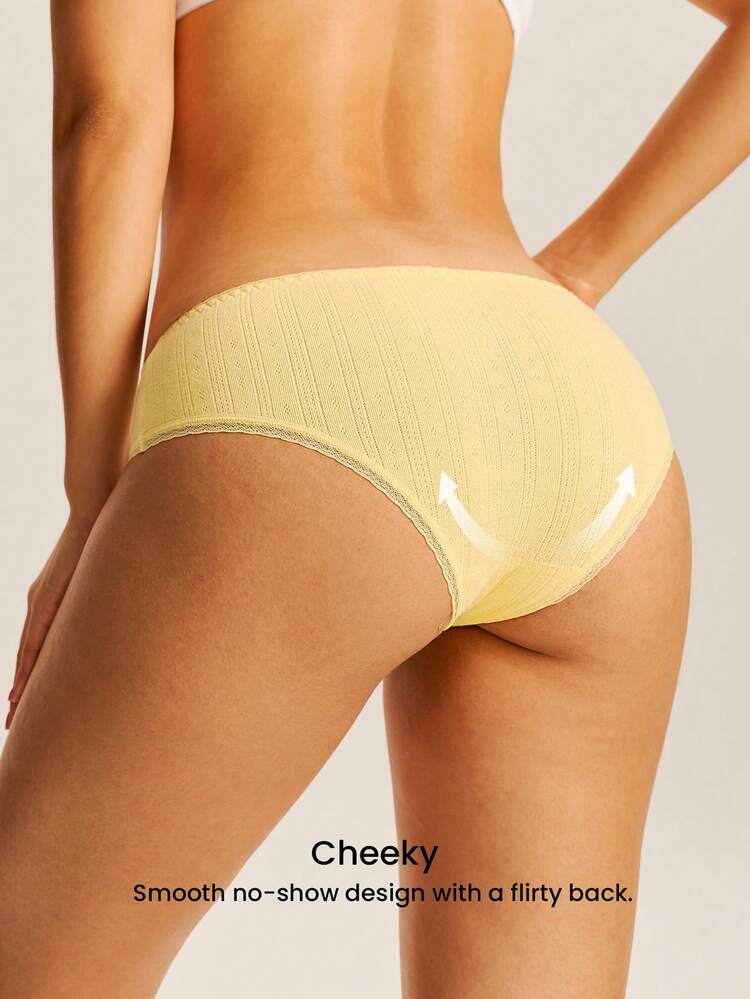 3-Pack Soft Cotton Basic Floral Print Lace Trim Mid-Waist Underwear Cheeky