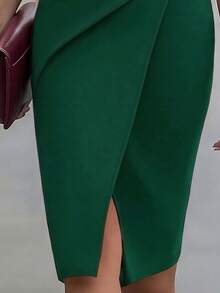 EMERY ROSE New Metal Buckle Lapel Long Sleeve Belted Asymmetric Elegant Dress For Women, Spring/Summer/Autumn - Dark Green - View 5