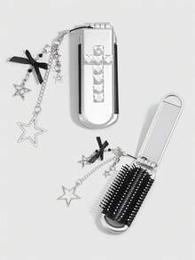 ROMWE Kawaii 1Pc Punk Style Rivet Cross Foldable Comb & Mirror Set, Back To School & Graduation Season Air Cushion Comb, DIY Portable Pocket Comb Mirror For Punk Vibes - Grey 2 - View 3