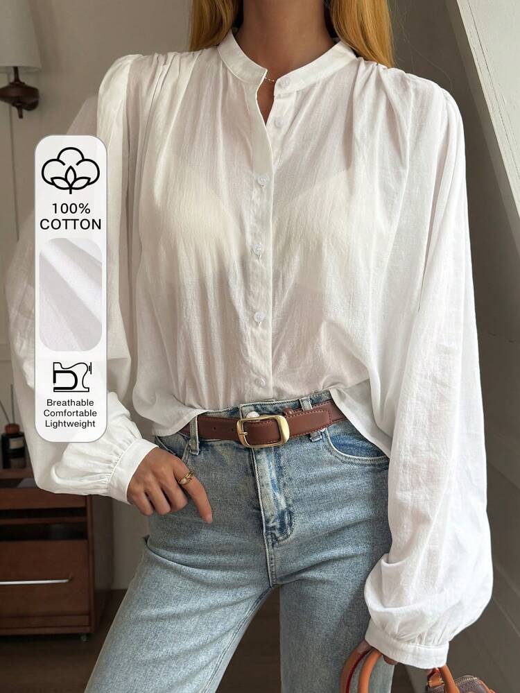 Women's Loose Solid Color Stand Collar Long Sleeve Elegant Summer Blouse