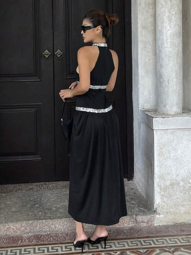 Sleeveless Hollow Out Waist Cinched Midi Dress For Women, Suitable For Banquet