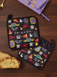 FRIENDS X SHEIN Black Friends Print Kitchen Insulation Set, Oven Gloves/Insulation Mat, A Must For Kitchen Baking, Effectively Isolating Heat Sources, Single/Combination - Multicolor - View 2