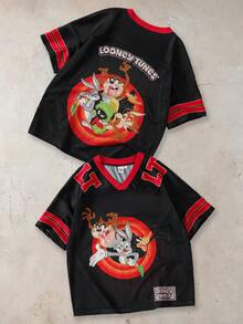 LOONEY TUNES X SHEIN Tween Boy Casual Cartoon Print V-Neck Short Sleeve T-Shirt, Summer - Black - View 1