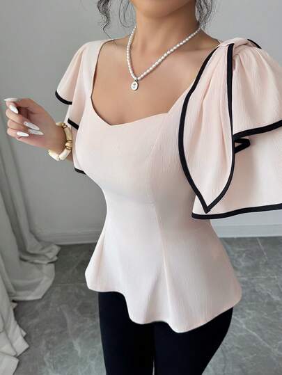 Elenzga Sweetheart Neck Spring/Summer Ruffle Trim Contrast Color Bow Tie Waist A-Line Textured Blouse, Elegant Versatile Shirt For Work, Vacation, Date