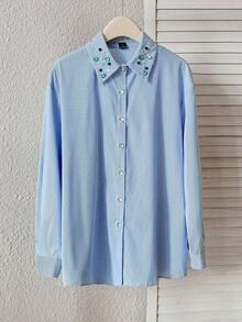 Modelyn Women's Rhinestone Decor Striped Long Sleeve Single-Breasted Casual Shirt - Blue - View 6