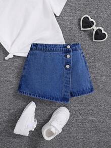 SHEIN Váy quần jean ngắn dễ thương, mềm mại, thoải mái dành cho bé gái. - Rửa tối - Xem 1