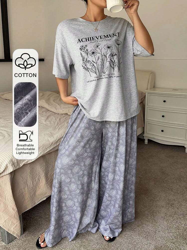 Dazy Plus Summer Letter & Floral Print T-Shirt Top And Wide Leg Loose Pajama Pants Set, Plus Size