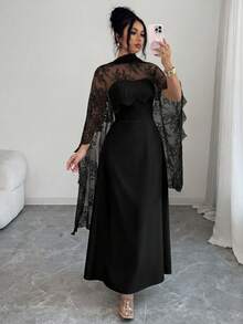 Elenzga Elegant Black Fall Winter Lace Patchwork Halter A-Line Maxi Dress,Ruffle Hem Front Fish Bone Line Divider Long Trailing,Party Holiday Dress - Black - View 6