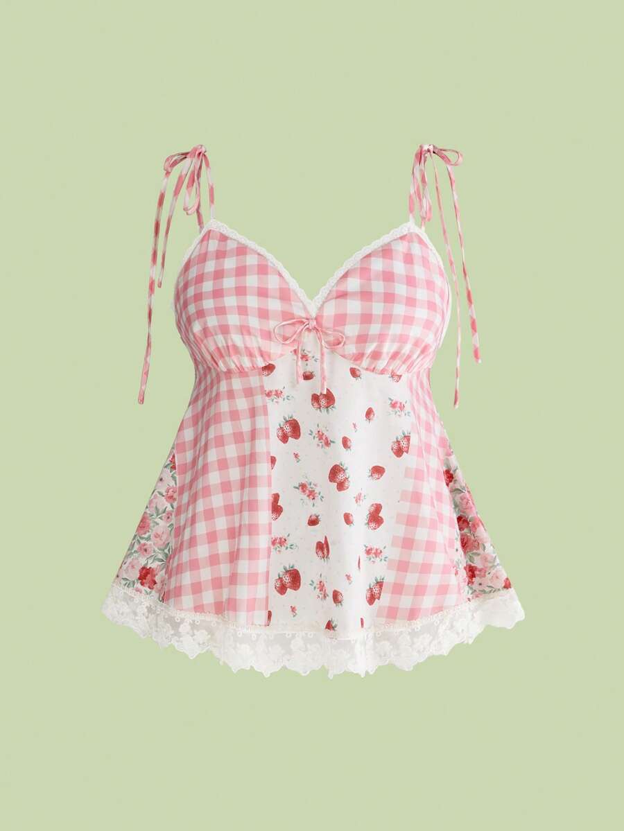 Sweetness Plus Size Cute Pastoral Patchwork Strawberry Plaid Camisole For Holiday - Pink - View 1