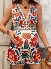 SHEIN Pregnant Women's Summer Vacation Casual Floral Print Sleeveless Romper Boho Jumpsuit For Women Boho Romper For Women Floral Print Romper Summer Romper For Women Resort Romper For Women - Multicolor - View 3