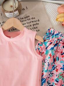 SHEIN Bộ đồ 2 món cho bé gái mùa hè, gồm áo tay ngắn và quần ống rộng cạp chun, thích hợp cho kỳ nghỉ và du lịch. - Hồng - Xem 3