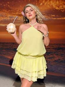 Hourglow Vestido de mujer talla grande de unicolor con volantes en el bajo y cuello halter, para figura de reloj de arena - Amarillo - Ver 7