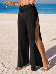 Swim Vcay Pantalones de vestir de un solo color con abertura lateral para cubrir en la playa, vacaciones de verano para mujeres - Negro - Ver 1
