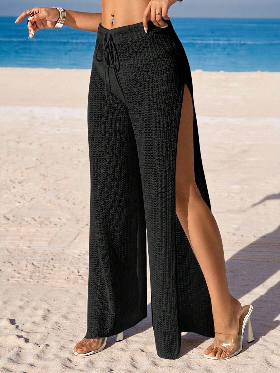 Swim Vcay Pantalones de vestir de un solo color con abertura lateral para cubrir en la playa, vacaciones de verano para mujeres - Negro - Ver 1