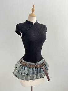 Elamini Summer Sexy Sweet Lace Hollow Button Fitted Short Sleeve T-Shirt - Black - View 3