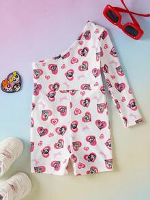THE POWERPUFF GIRLS X SHEIN 1件女婴可爱爱心卡通印花不对称领长袖连体衣 - 彩色 - 查看 2