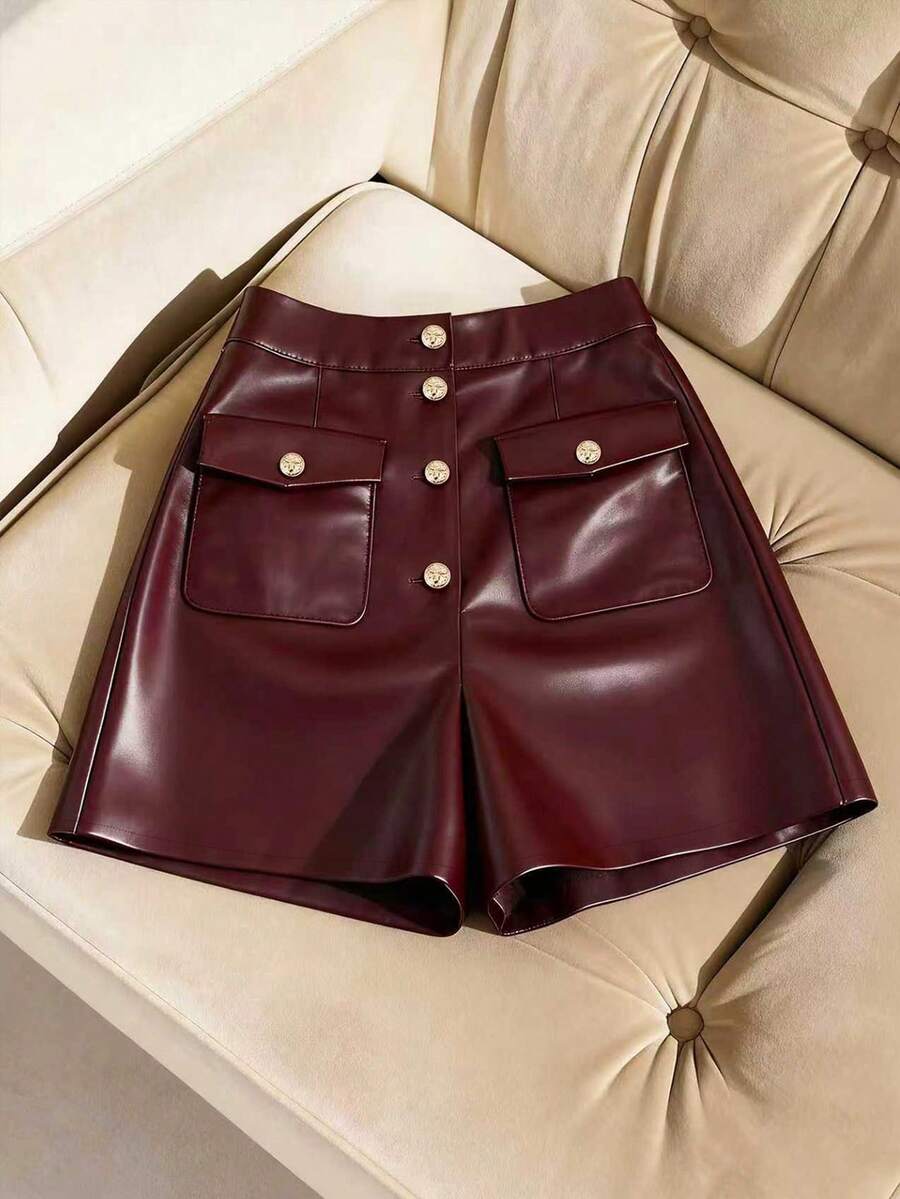 SHEIN Franclia Dammode med knappdekor i PU-läder - Bourgogne - Visa 1