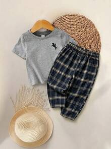 SHEIN Baby Boy Plaid Pattern Pocket Tee And Plaid Shorts 2pcs Pajama Set, Comfortable Casual Sleepwear - Multicolor - View 5