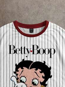 Attitoon Betty Boop x SHEIN Betty联名款休闲简约圆领短袖条纹世界杯图案英文字母宽松T恤，女款，时尚，Y2K风格 - 彩色 - 查看 8