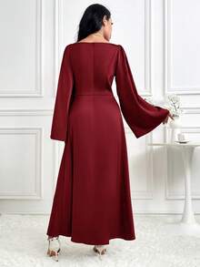 Modelyn Women Solid Color Long Sleeve Cinched Waist Simple Casual Ankle Length Modest Dress, Burgundy Modest Party Dress Long Evening Dresses - Burgundy - View 3
