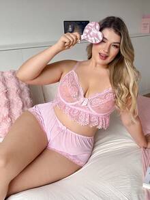 PetitDoll 2pcs Plus Size Lace Patchwork Lingerie Set - Pink - View 5