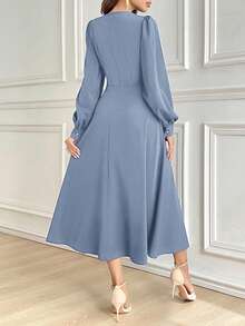 Modelyn Women Elegant Solid Color Lantern Sleeve Midi Dress, Autumn Long Evening Dresses - Blue - View 3