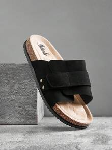 SHUZIA Men's  One-Band Adjustable Suede Black Footbed Slide Sandals – Minimalist, Versatile & Comfortable - Black - View 5