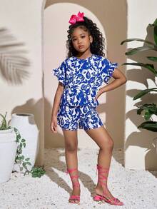 Set de 2 piezas para niñas preadolescentes: Top de manga corta con cuello redondo y shorts con volantes en el bajo, ideal para vacaciones y playa - Azul y blanco - Ver 6