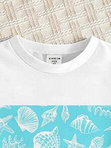 Young Boys' Ocean Shell Print T-Shirt Set, Vacation Style T-Shirt With Patchwork Shell Print Shorts, Fashion Holiday T-Shirt Set For Spring/Summer - Blue - View 6