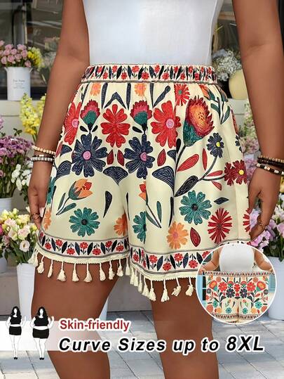 SHEIN CURVE+ Große Größen Gerade geschnittene, locker sitzende Shorts mit Muster für Damen, geeignet für Frühjahr, Frühling und Sommer, Regenwald, Strandparty, Strandurlaub, Lagerfeuerparty, kühl und leicht, schlank geschnitten, bequem zu tragen, leicht zu kombinieren & schlank aussehend, betont die Figur, schmeichelt der Silhouette