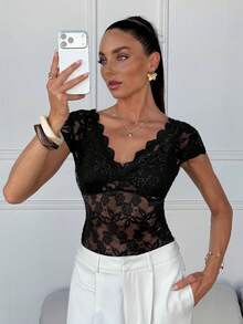 Lavishia Women's Elegant Lace Blouse, Suitable For Outings, Gatherings, And Weddings In Summer Mother's Day Vacation Outfits Women Black Top Lace See Through Top V Neck Lace Lace Top Lace Tops For Women Lace Top Bodysuit Bodysuit Blouses For Women Bodysuit Lace Bodysuit Tops For Women - Black - View 5