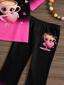SHEIN Bộ đồ gồm áo thun ngắn tay cổ tròn tay dài và quần ống loe in hình nhân vật hoạt hình dễ thương màu hồng nơ trái tim kiểu cổ điển dành cho bé gái, thích hợp cho mùa hè. - Nhiều màu - Xem 5
