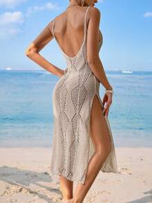 Selianne Mùa hè giản dị đi biển Rỗng ra dệt kim Chia trang phục Cami - Màu Khaki - Xem 1