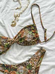 SHEIN Swim Vcay 女士热带印花两件套比基尼套装，休闲假日风格 - 彩色 - 查看 4