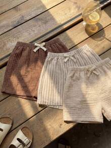 SHEIN 3pcs Baby Boy Elastic Waist Pants With Decorative Ribbon,Comfortable&Versatile Set Toddler Cotton Shorts Babyboy Short Summer Plain - Khaki - View 2
