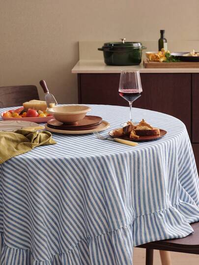 1pc Japanese Style Simple Solid Blue Stripe & Lotus Edge Round Tablecloth, Woven Fabric, Suitable For Small Garden, Outdoor Cafe, Kitchen, Bedroom, All Season Dining Table Decor