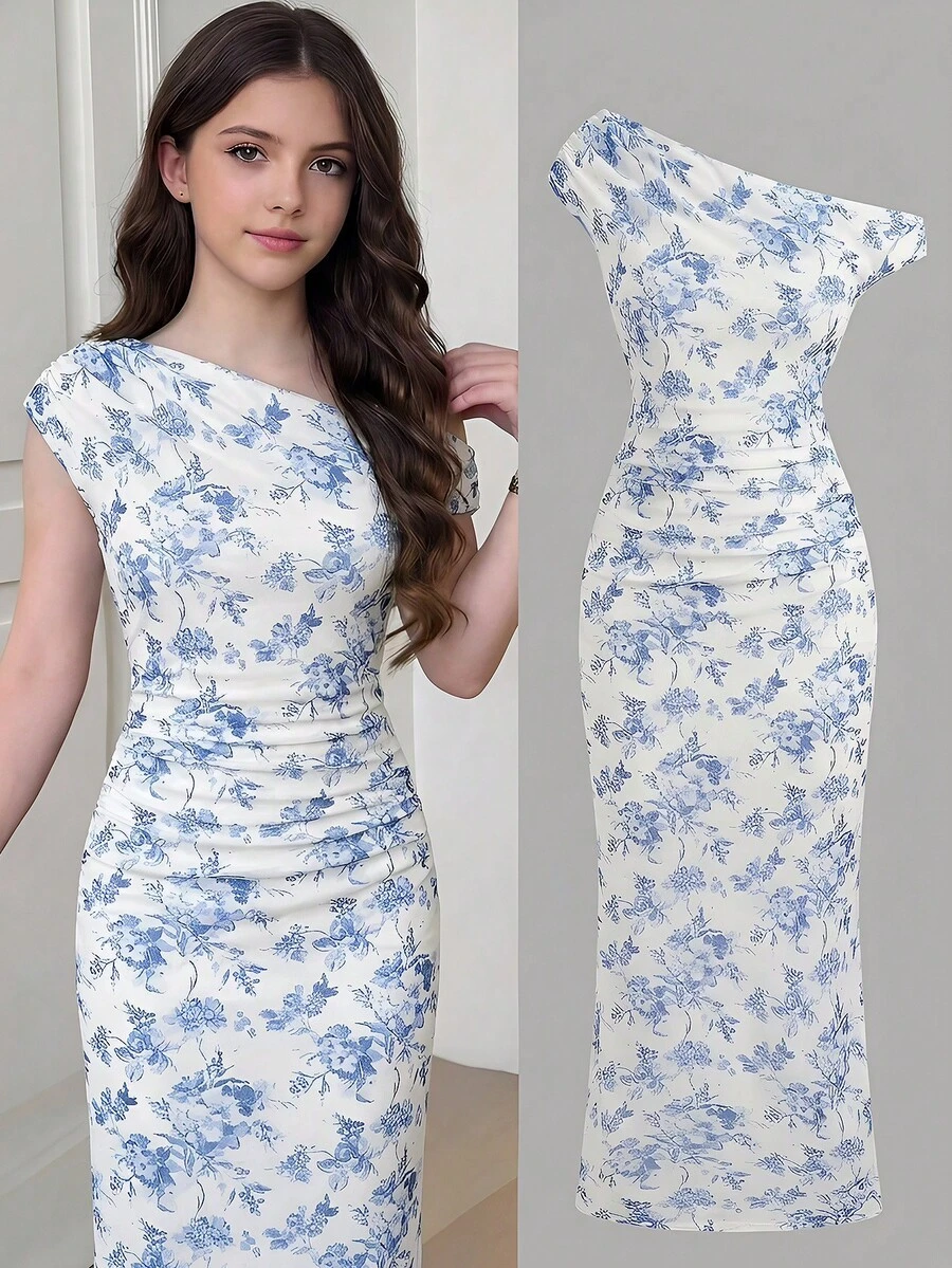 SHEIN 少女夏季休闲优雅蓝白碎花不对称肩部褶皱腰部修身长裙 - 藍白色 - 查看 1