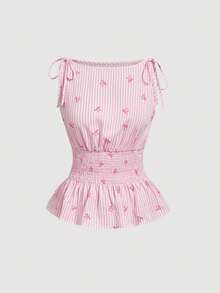 SHEIN MOD Top damă cu dungi roz, imprimeu cu funde, legături la umeri, cu peplum smocked, maiou elegant de vară fără mâneci, bluză roz în carouri cu tiv și volane, vestă Coquette - Roz - Vizualizare 5