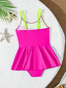 Traje de baño de una pieza con cuello redondo y bloques de color para niña - Rosa Fucsia - Ver 2
