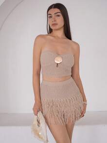 Andrea Bello 女士度假两件套：针织纹理毛衣和流苏金属装饰迷你裙，适合派对、约会、海滩度假、夏季穿搭、假日、下午茶、婚礼季、邮轮旅行、城市之旅、波西米亚风度假、音乐节等场合。 - 卡其色 - 查看 4