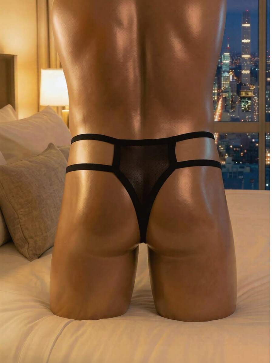 DrisQ DrisQ 1pc Fashionable Black Hollow Mesh Mid-Waist Sexy Men's Briefs - Black - View 1